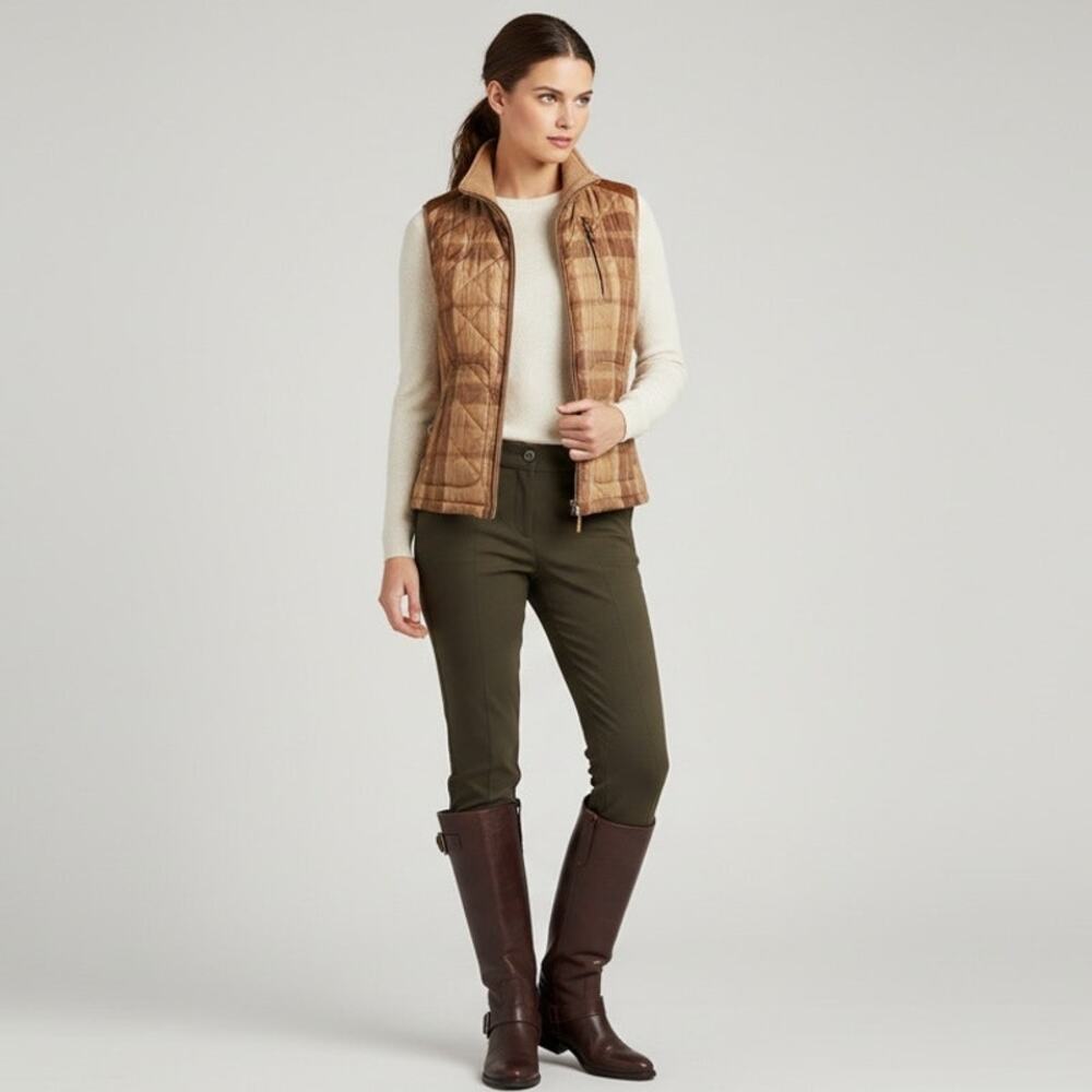Ralph Lauren Brown Plaid Quilted Vest L Corduroy Trim Outerwear Layer Preppy